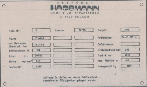 Behälter 30.000 Liter aus V2A, einwandig, spez. Gew. 1,13 kg/l, gebraucht